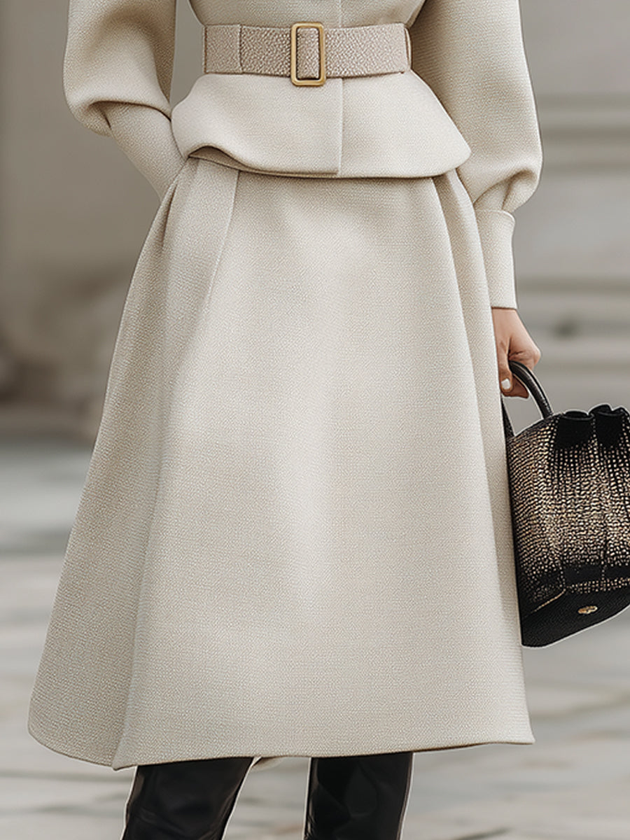 Cream Belted Midi Set With Structured Silhouette