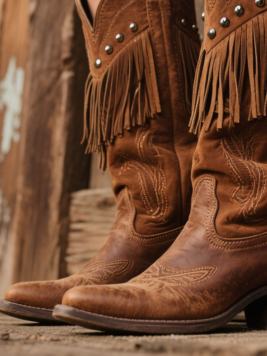 Women's Western Embroidered Tassel Leather & Suede Cowboy Boots