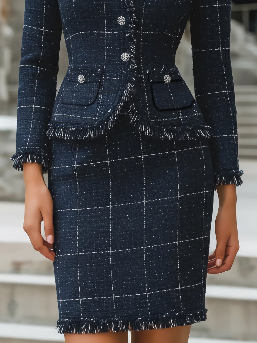 Midnight Check Tweed Skirt Suit With Frayed Edge Details