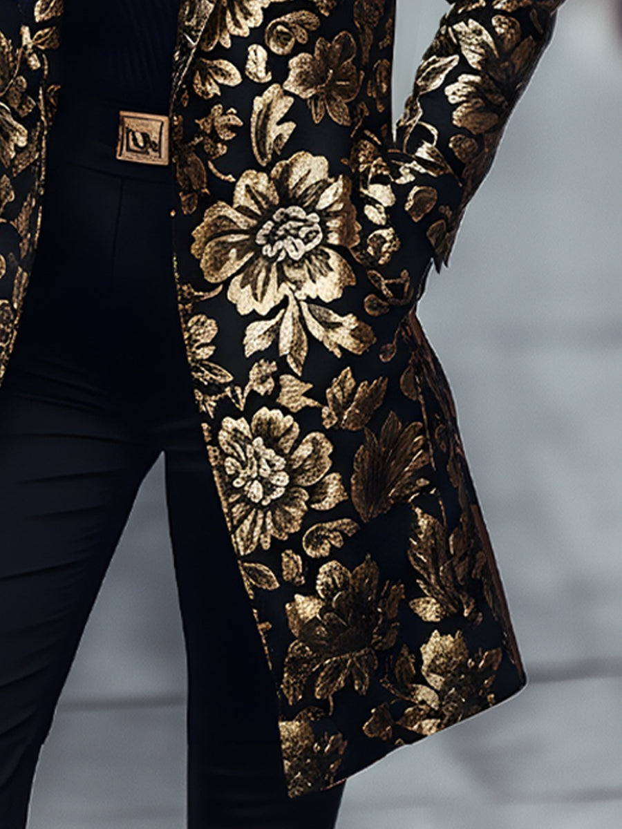 Mooyius Black & Gold Floral Jacquard Longline Coat