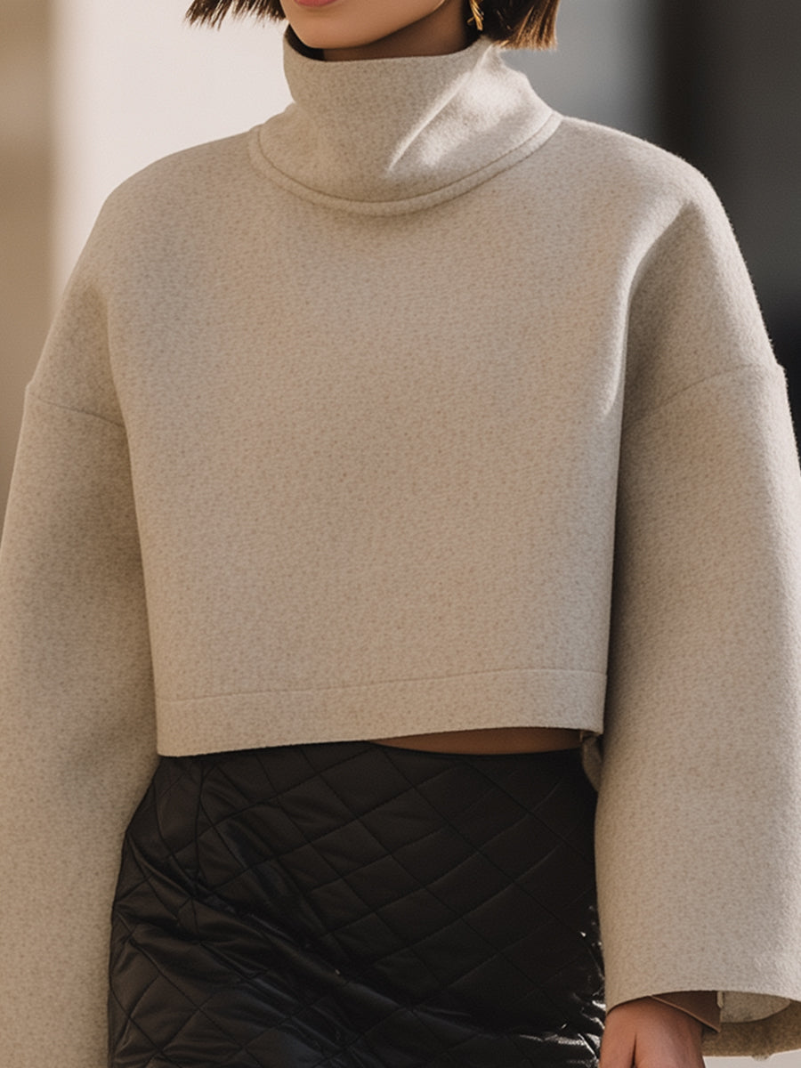 Beige Wool Cropped Turtleneck With Quilted Skirt Set