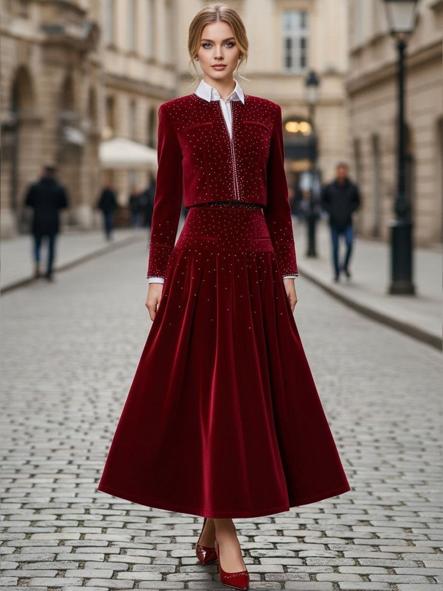 Mooyius Burgundy Velvet Embellished Two-Piece Set