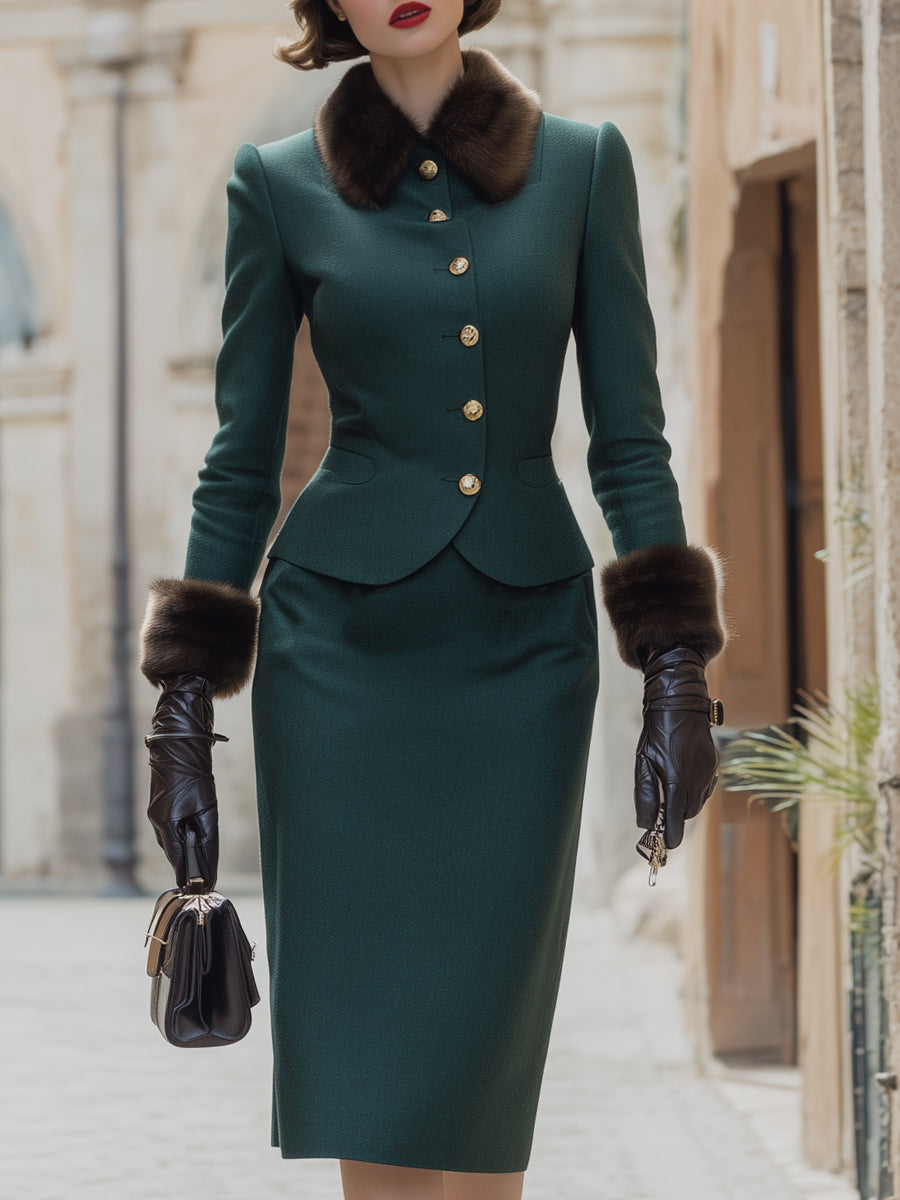 Mooyius Emerald Green Wool Suit With Fur Trim