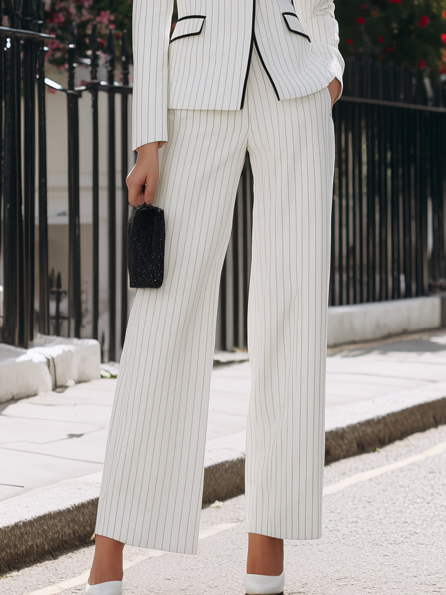 Pinstripe Contrast Piping Blazer And Trousers Two-Piece Set