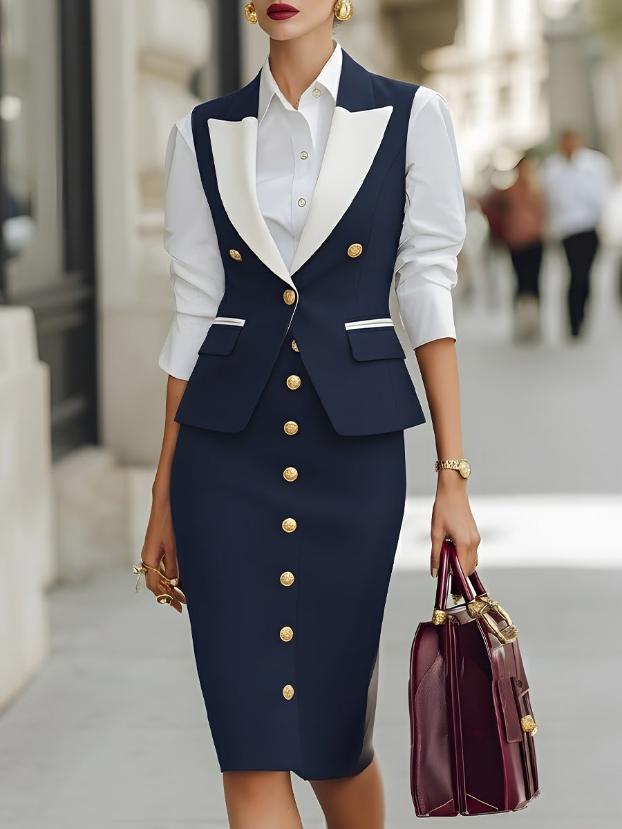 Navy And White Contrast Skirt Suit With Gold Buttons