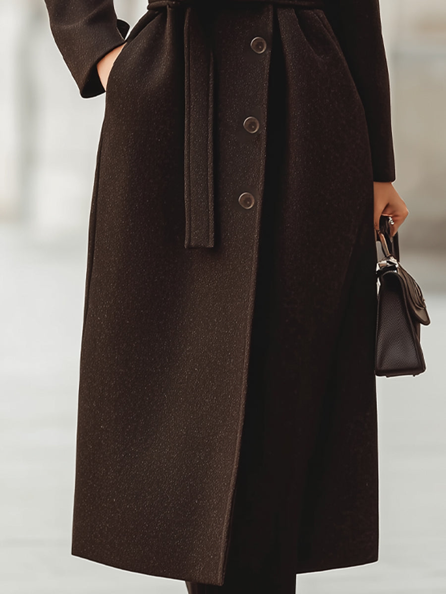 Dark Brown Belted Wool Blend Maxi Coat