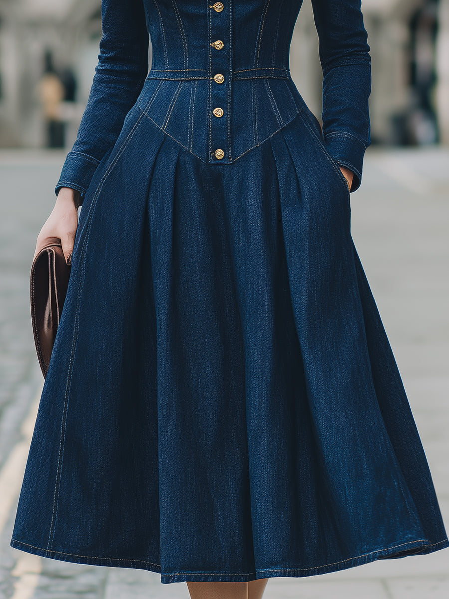Curve-Hugging Vintage Denim Midi Dress With Sweetheart Neckline