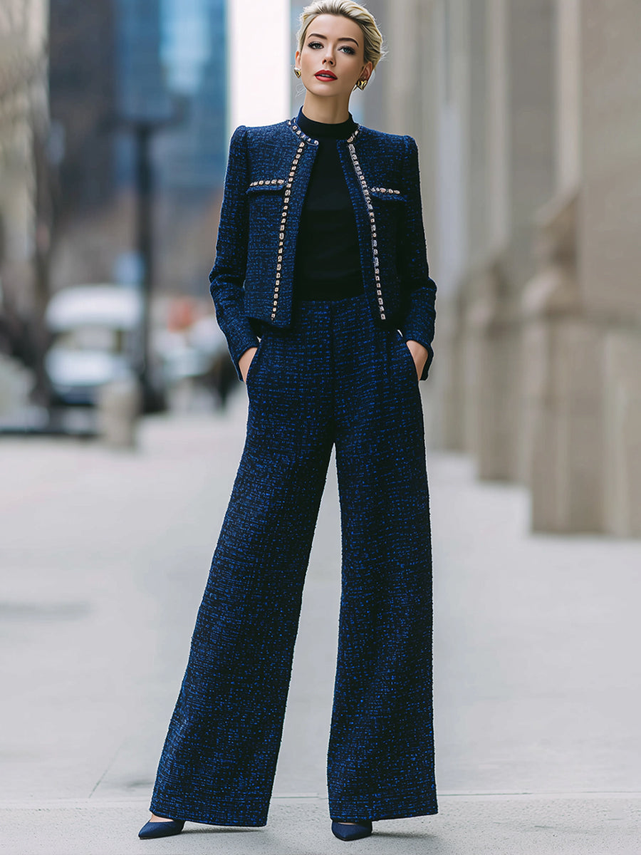 Midnight Blue Tweed Wide-Leg Pant Suit