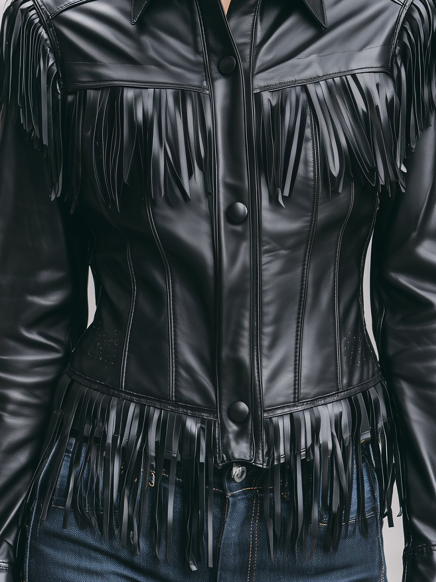 Mooyius Stylish Black Fringe Faux Leather Jacket