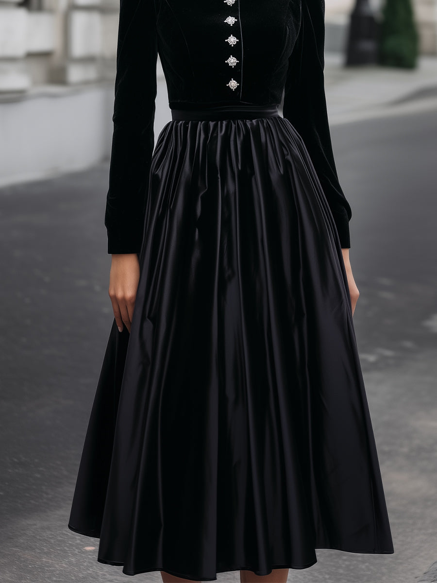 Pearl-Accented Velvet Top & Satin Midi Skirt Two-Piece Set