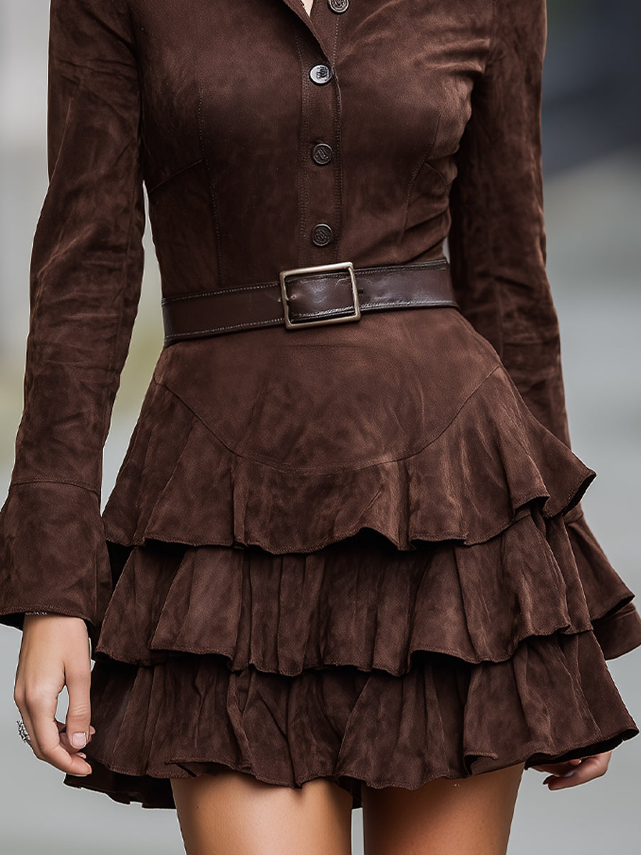 Chocolate Brown Suede Ruffled Mini Shirt Dress