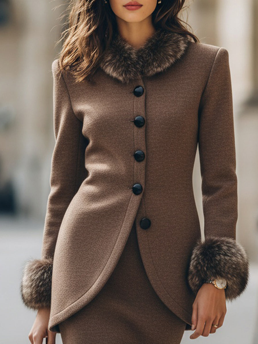 Mooyius Luxe Wool-Blend Dress With Faux Fur Accents