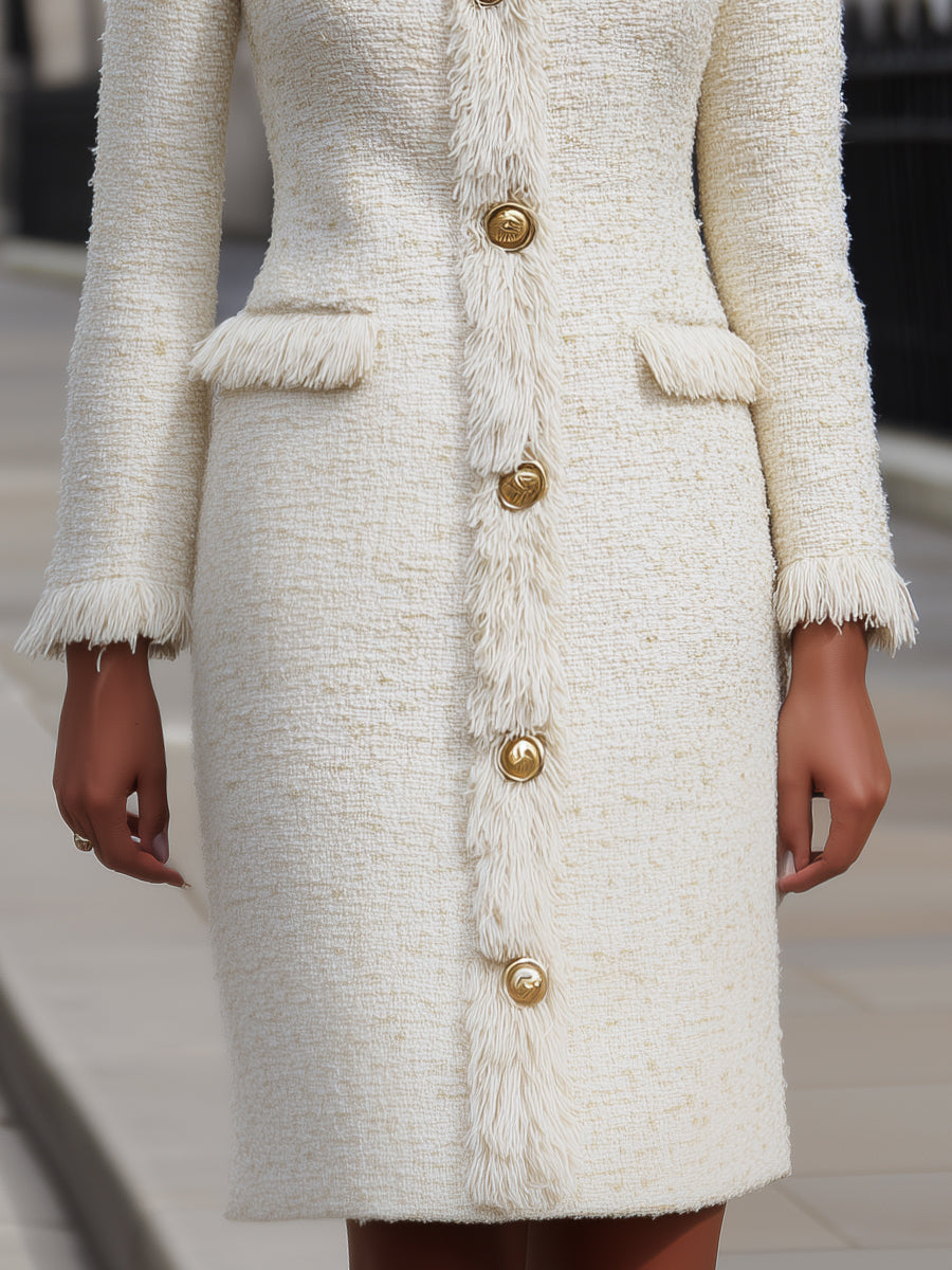 Elegant Tweed Midi Dress With Fringe And Gold Button Detailing