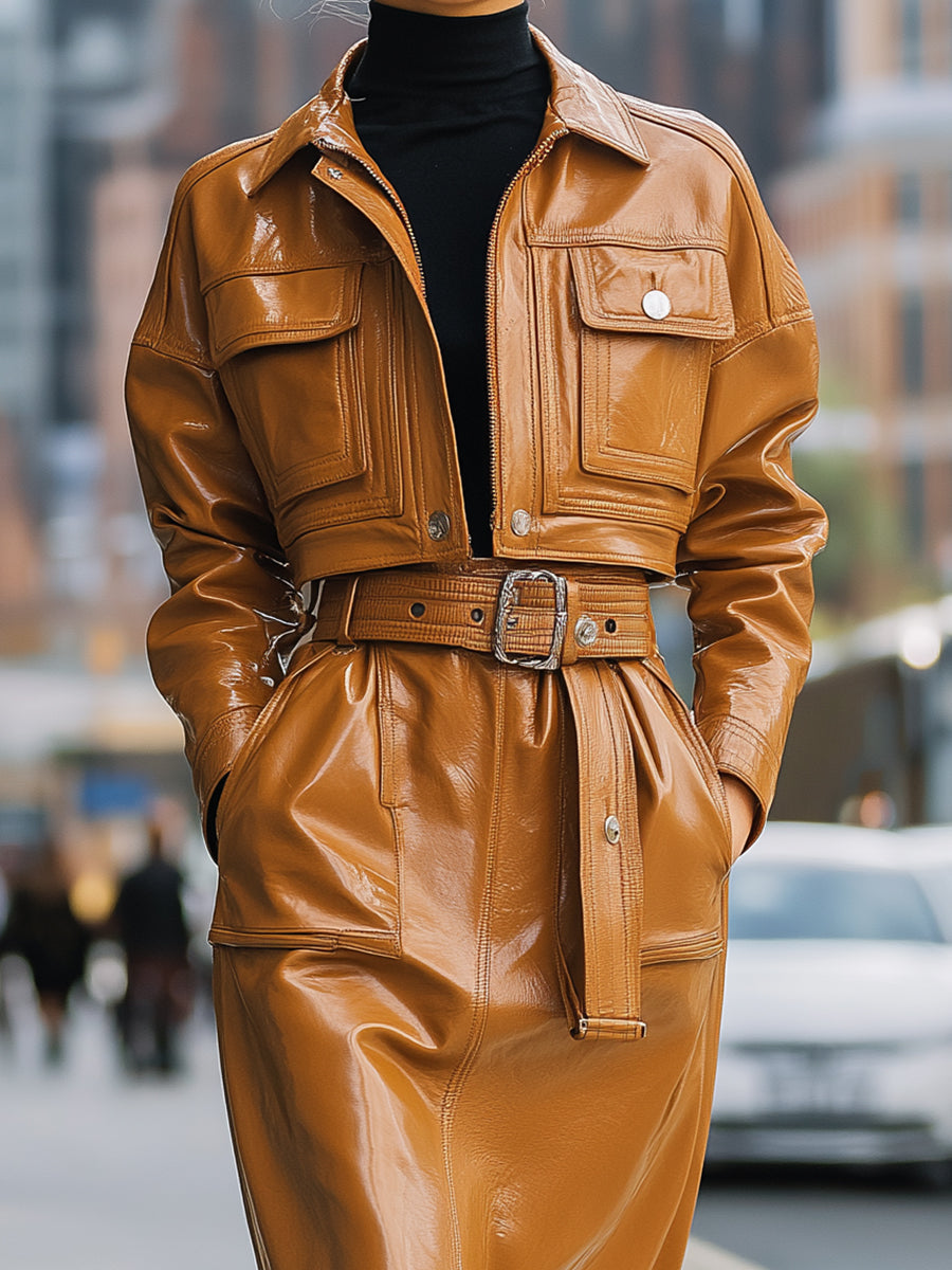Caramel Faux Leather Belted Jacket And Skirt Set