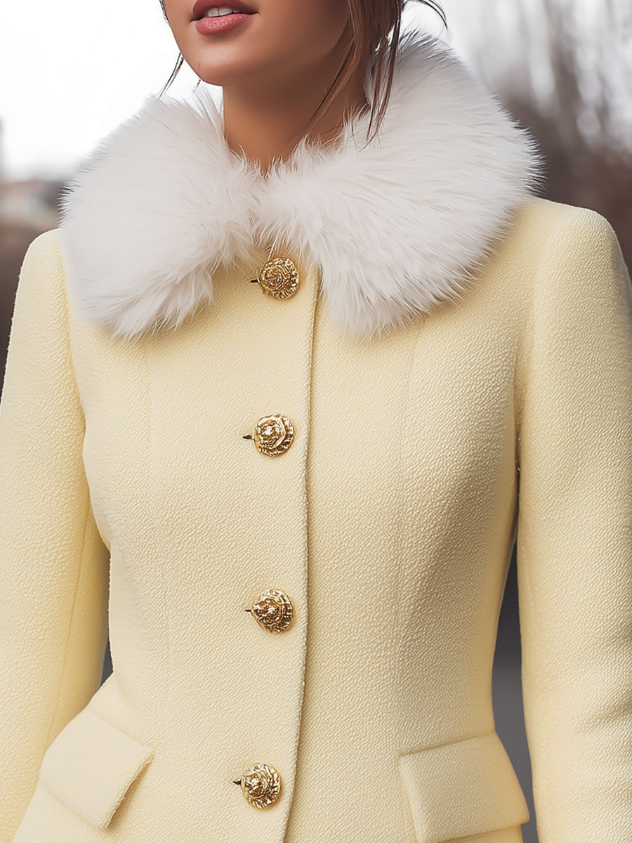 Chic Yellow Jacket With Faux Fur Trims