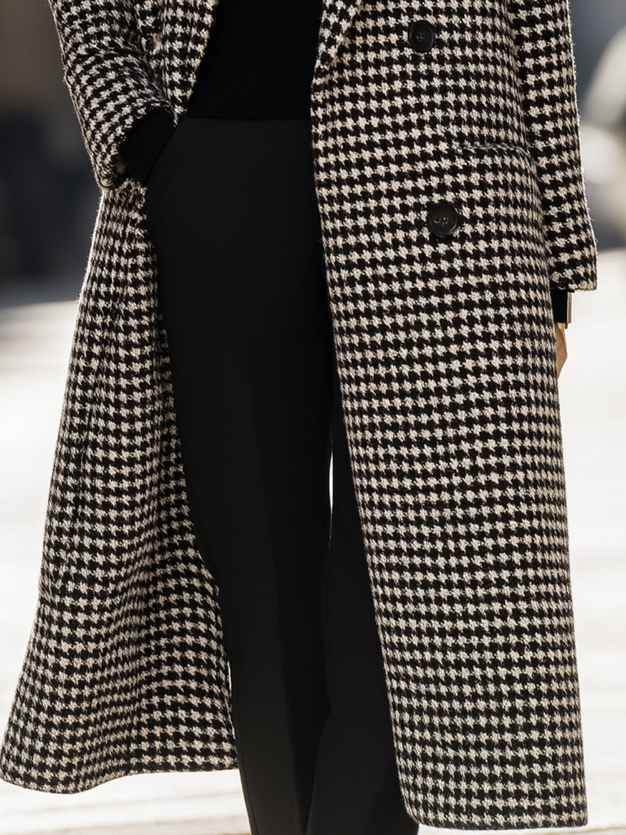 Houndstooth Wool Long Coat
