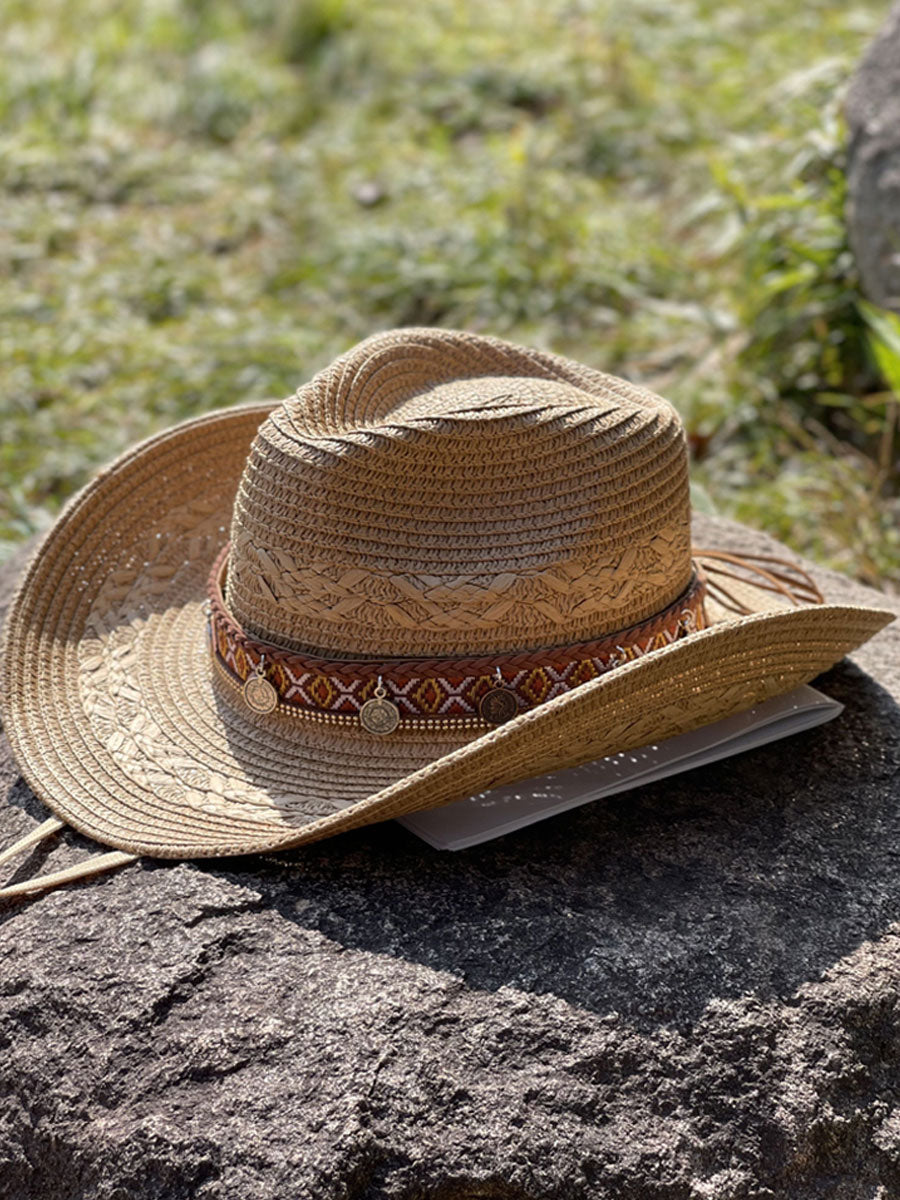 Western Vintage Woven Straw Hat Jeweled Visor