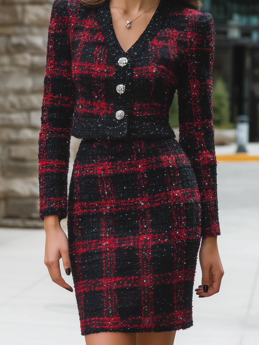 Tweed Plaid Two-Piece Set With Crystal Buttons