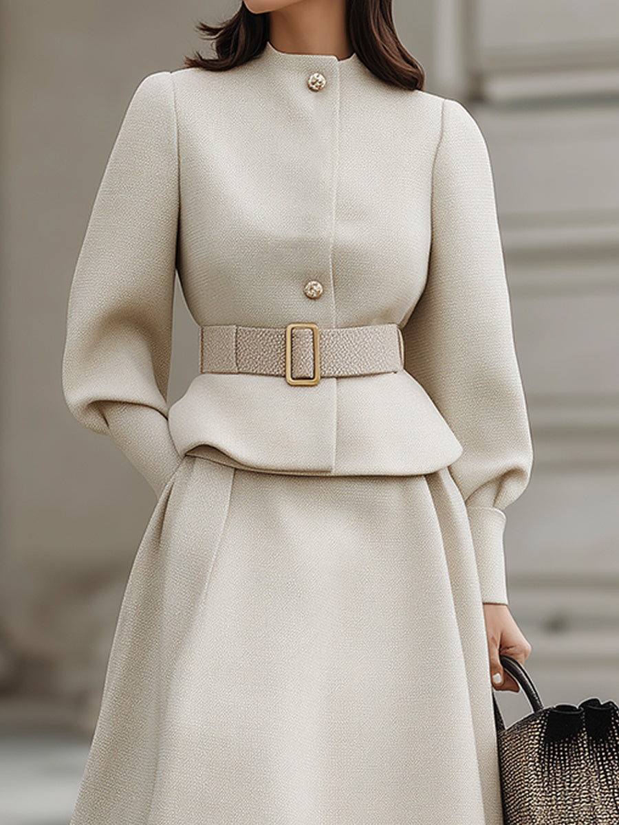 Cream Belted Midi Set With Structured Silhouette