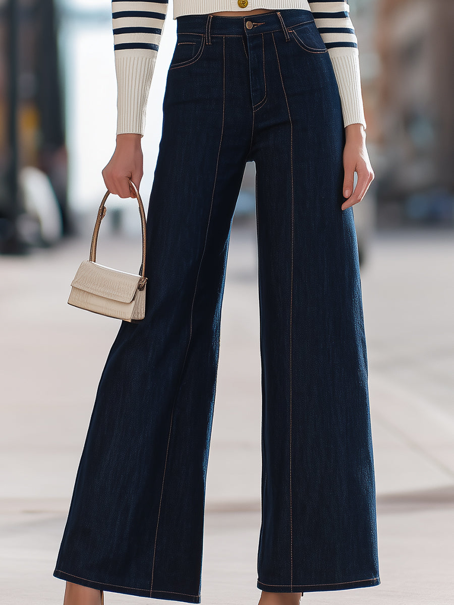 Navy Stripe Cropped Cardigan And Dark Denim Wide - Leg Jeans Set