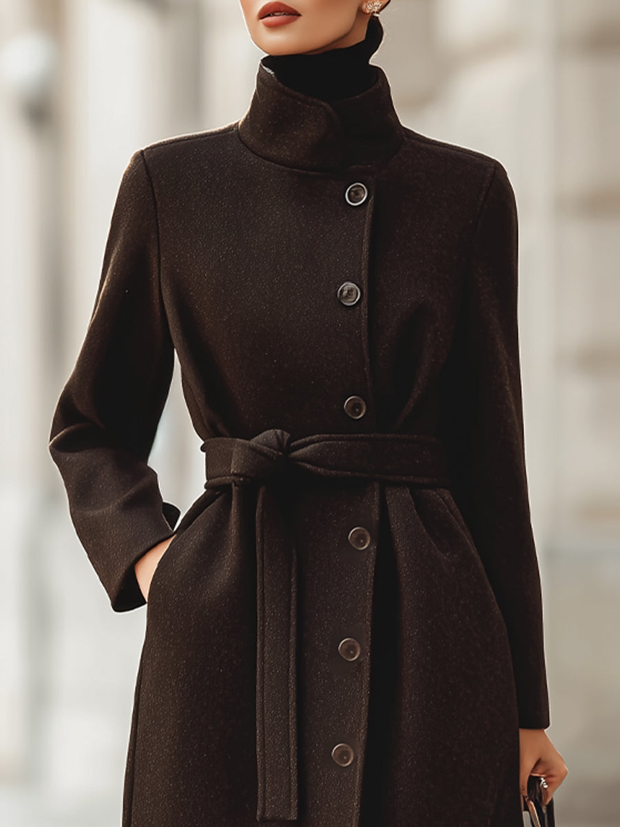 Dark Brown Belted Wool Blend Maxi Coat
