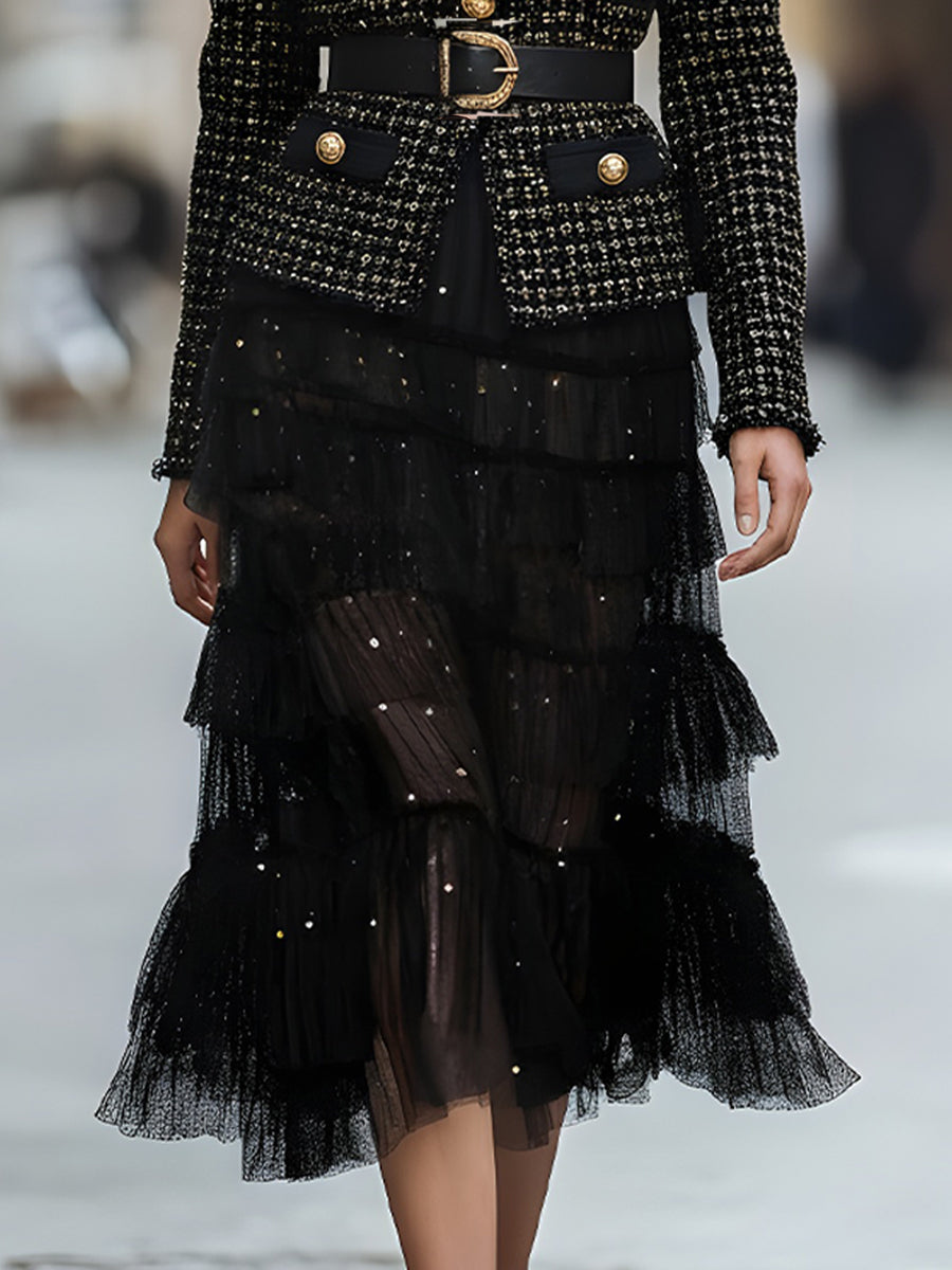 Elegant Weed Belted Jacket With Gold-Tone Buttons & Layered Tulle Skirt