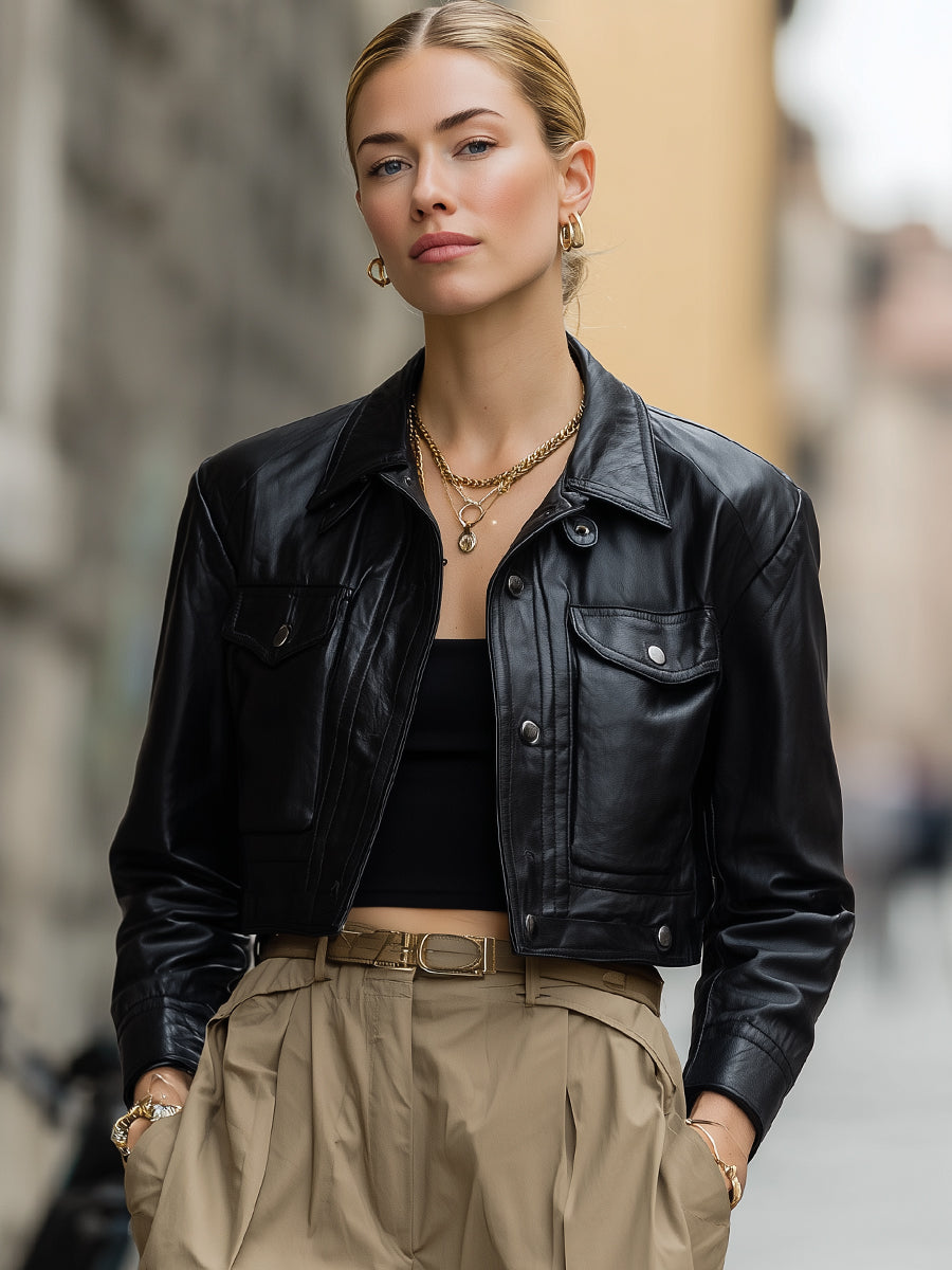 Black Cropped Leather Jacket With Structured Detailing
