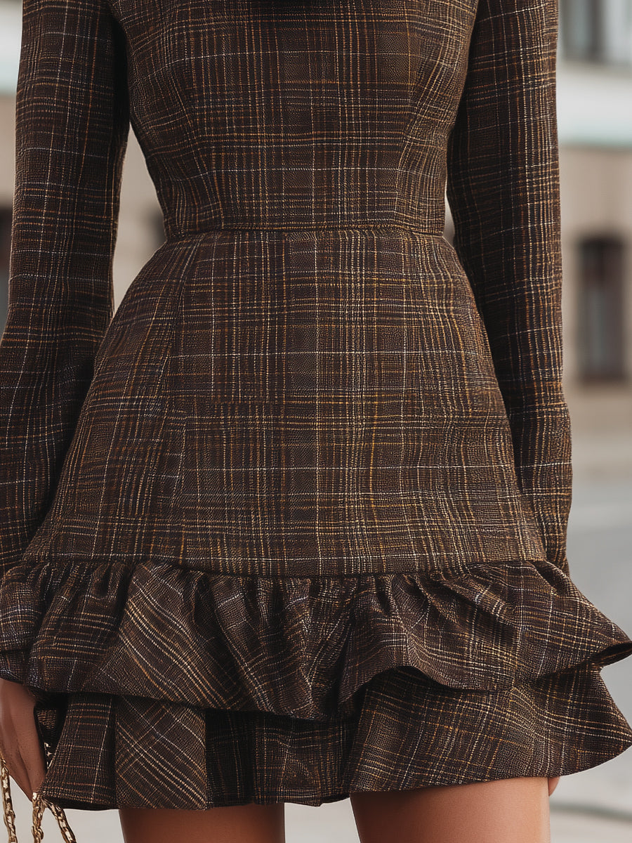 Elegant Plaid Ruffle Detail Mini Dress