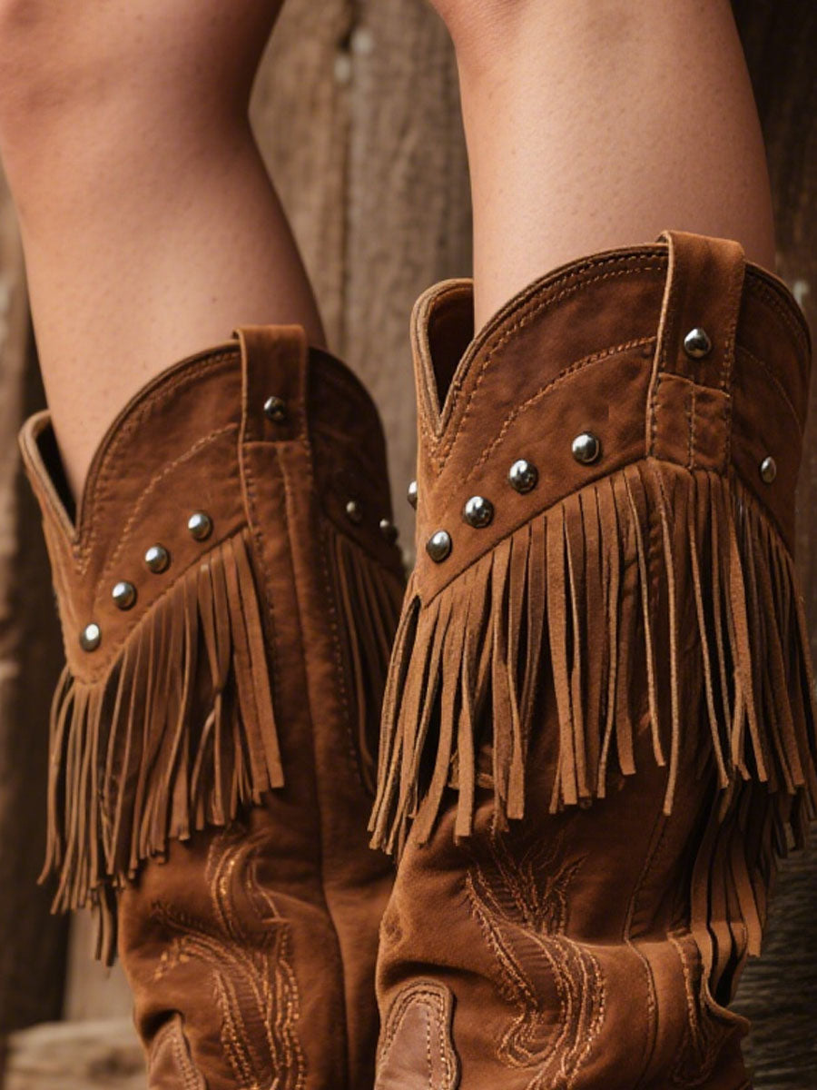 Women's Western Embroidered Tassel Leather & Suede Cowboy Boots