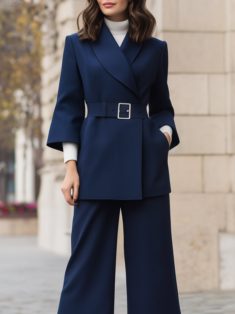 Belted Blazer Wide-Leg Cropped Trousers Suit Set