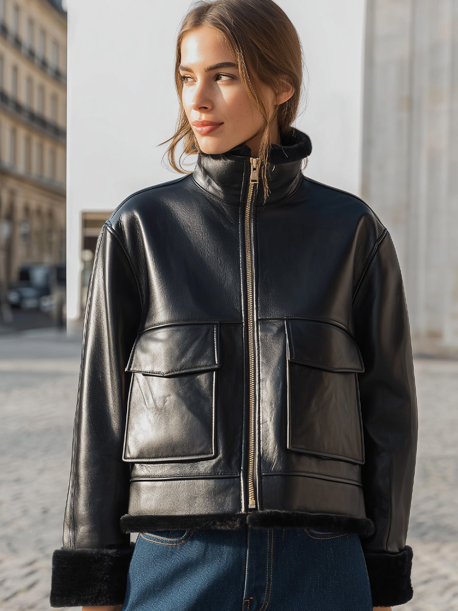 Black Faux Leather Shearling - Lined Cropped Jacket