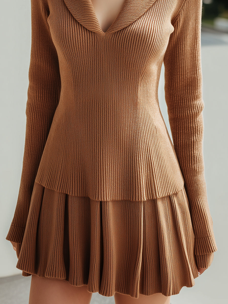 Ribbed Knit Set With Flared Skirt