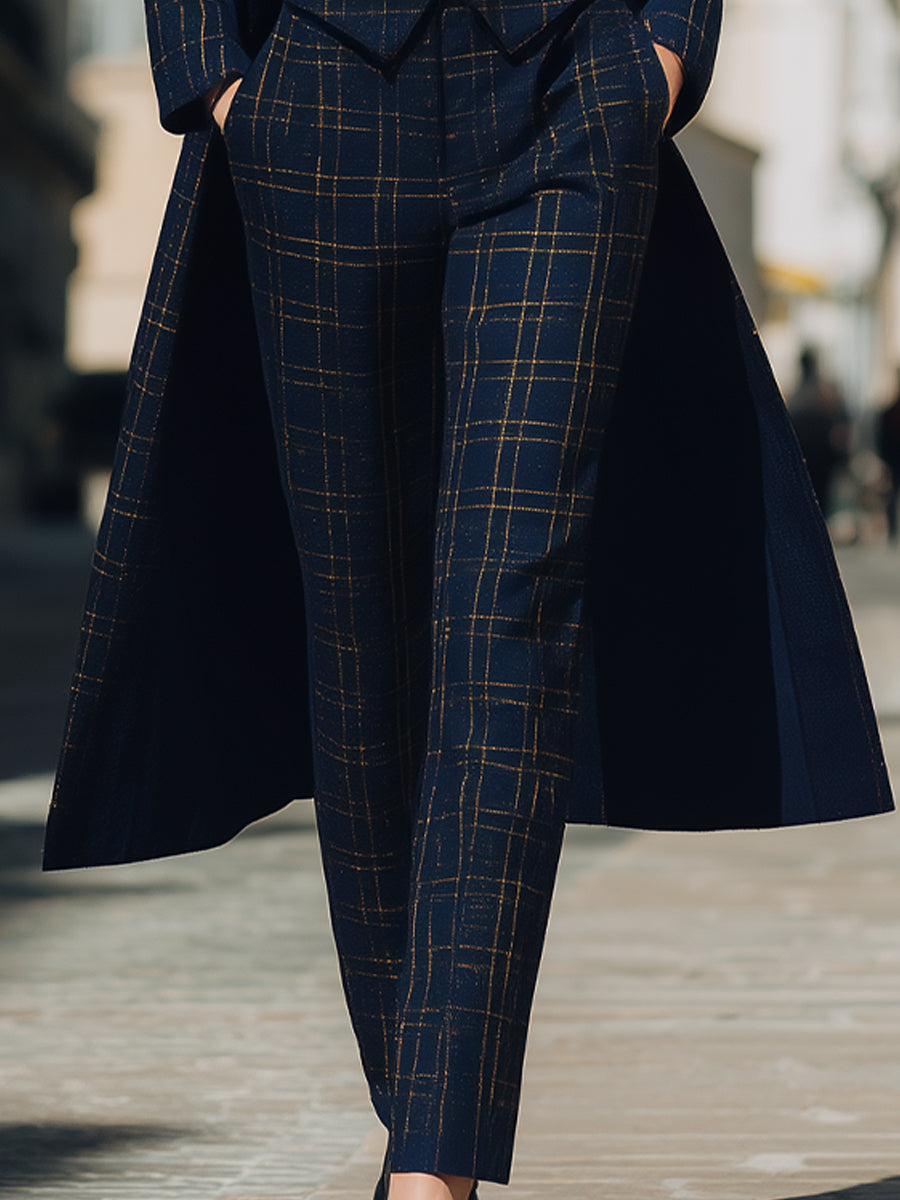 Navy Checkered Three-Piece Suit With Long Coat