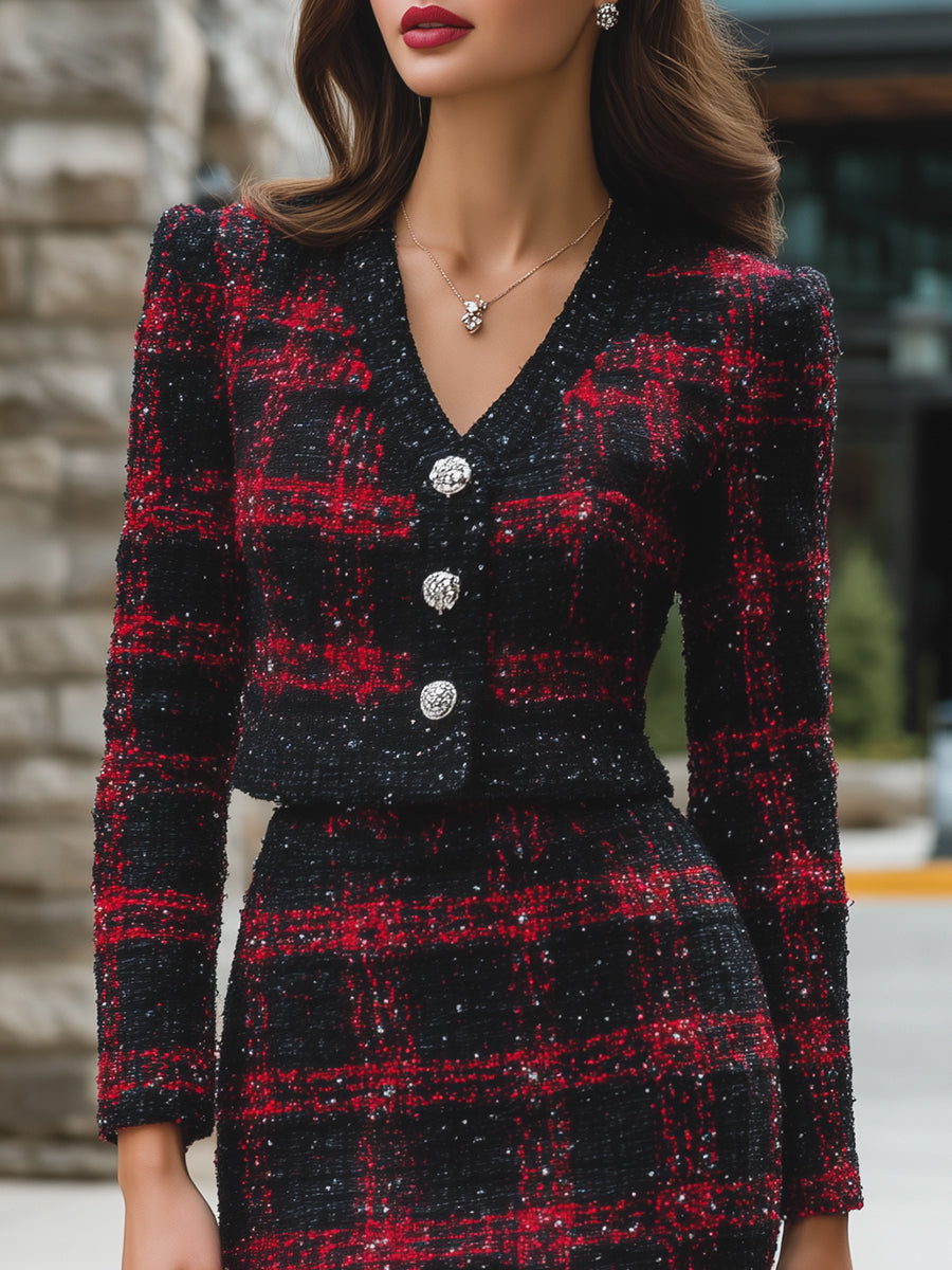 Tweed Plaid Two-Piece Set With Crystal Buttons
