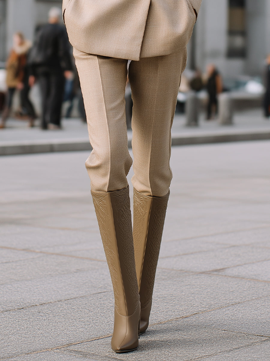 Camel Double-Breasted Suit Set With Gold Buttons