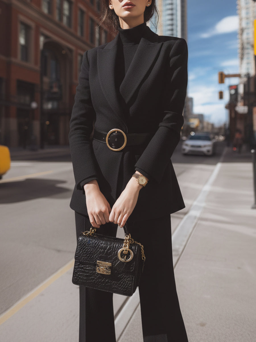 Black Tailored Blazer And Wide-Leg Trouser Set With Statement Belt