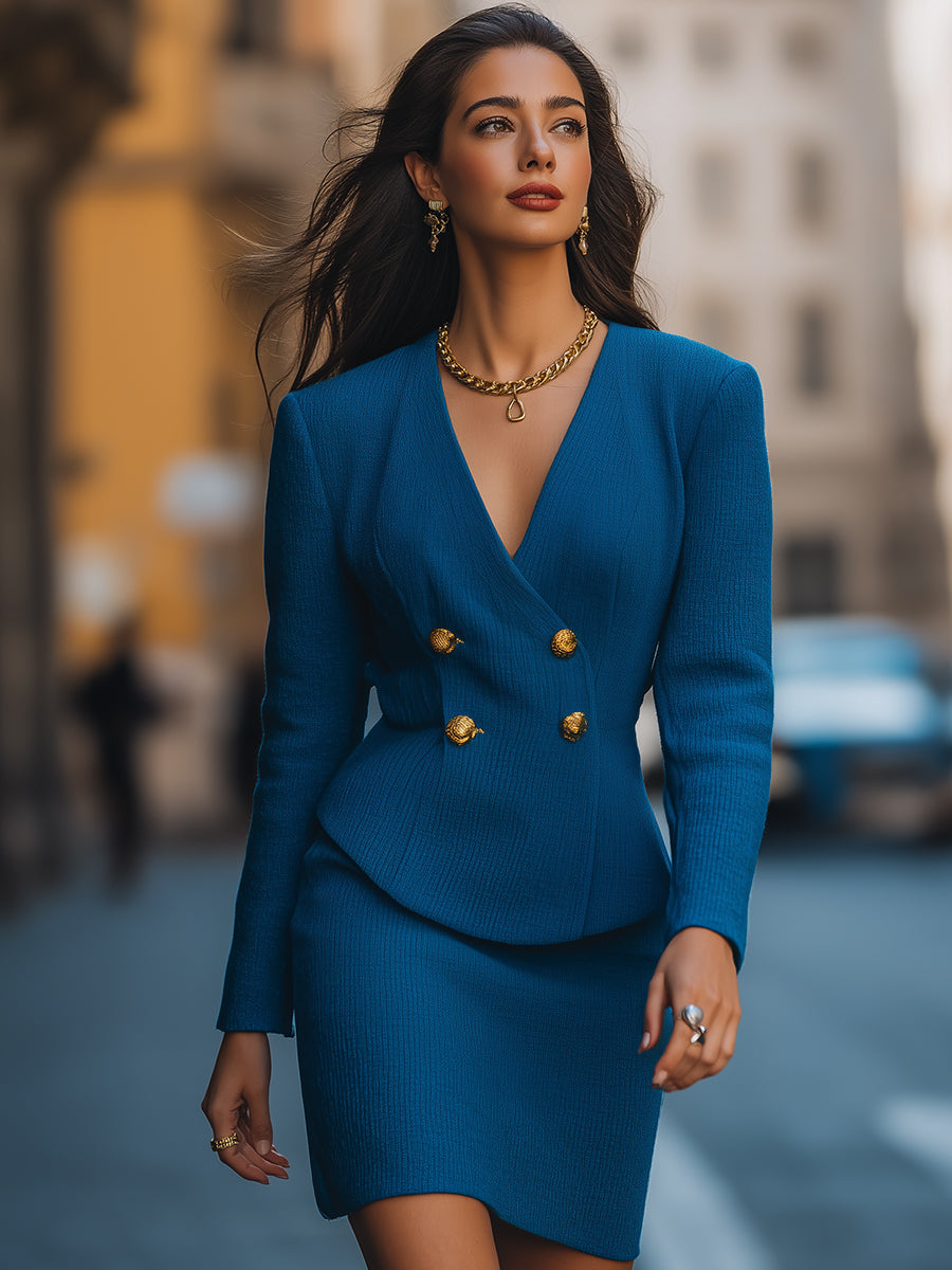 Elegant Royal Blue Double-Breasted Knit Skirt Suit