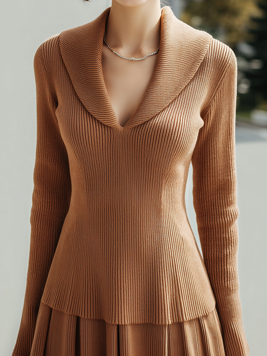 Ribbed Knit Set With Flared Skirt
