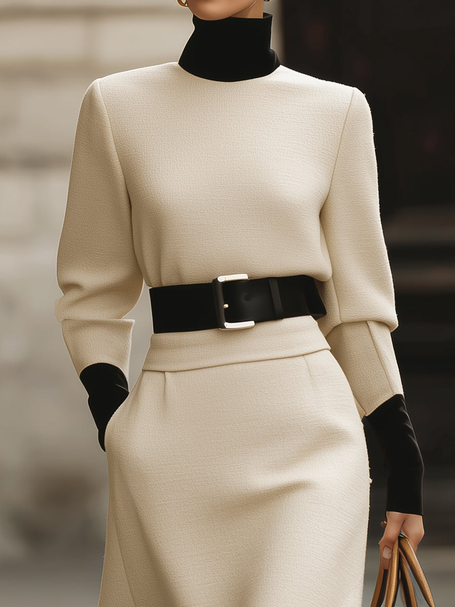 Beige Woven Two-Piece Set With Contrast Belt