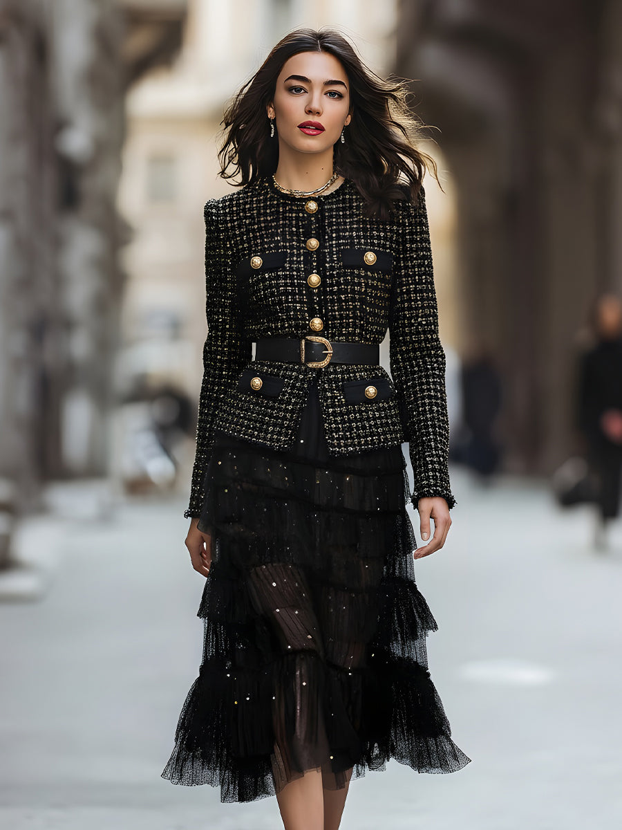 Elegant Weed Belted Jacket With Gold-Tone Buttons & Layered Tulle Skirt
