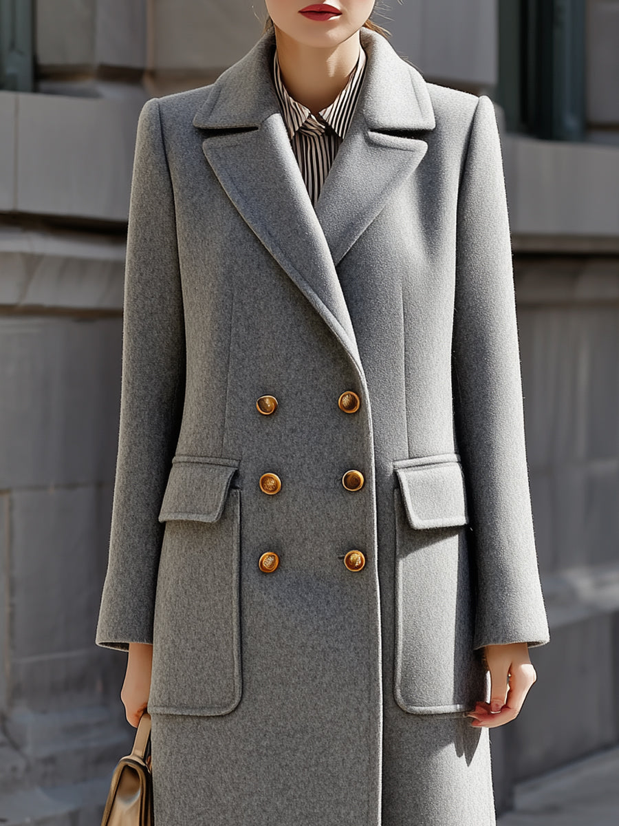 Grey Double - Breasted Wool Blend Maxi Coat