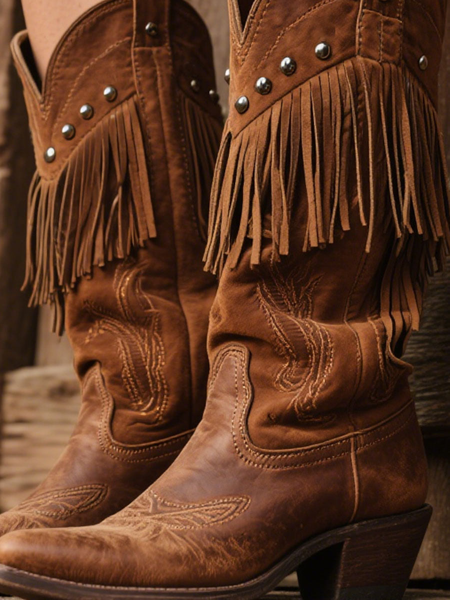 Women's Western Embroidered Tassel Leather & Suede Cowboy Boots