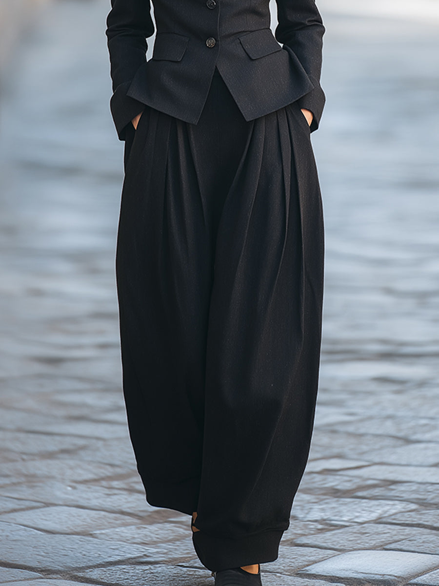 Stylish Mandarin-Collar Jacket With Wide-Leg Pleated Harem Pants Set