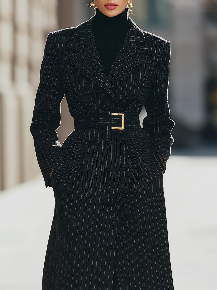 Structured Pinstripe Belted Long Coat