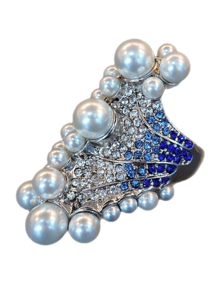 High-grade Gradient Blue And White Diamond Irregular Imitation Pearl Wave Ring