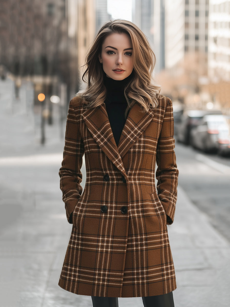 Mooyius Brown Plaid Double-Breasted Wool Blend Coat