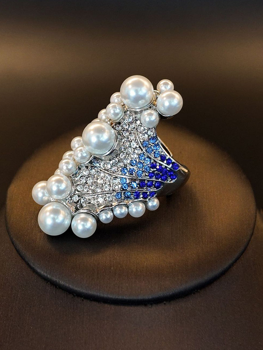 High-grade Gradient Blue And White Diamond Irregular Imitation Pearl Wave Ring