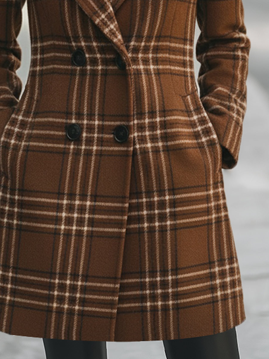 Mooyius Brown Plaid Double-Breasted Wool Blend Coat