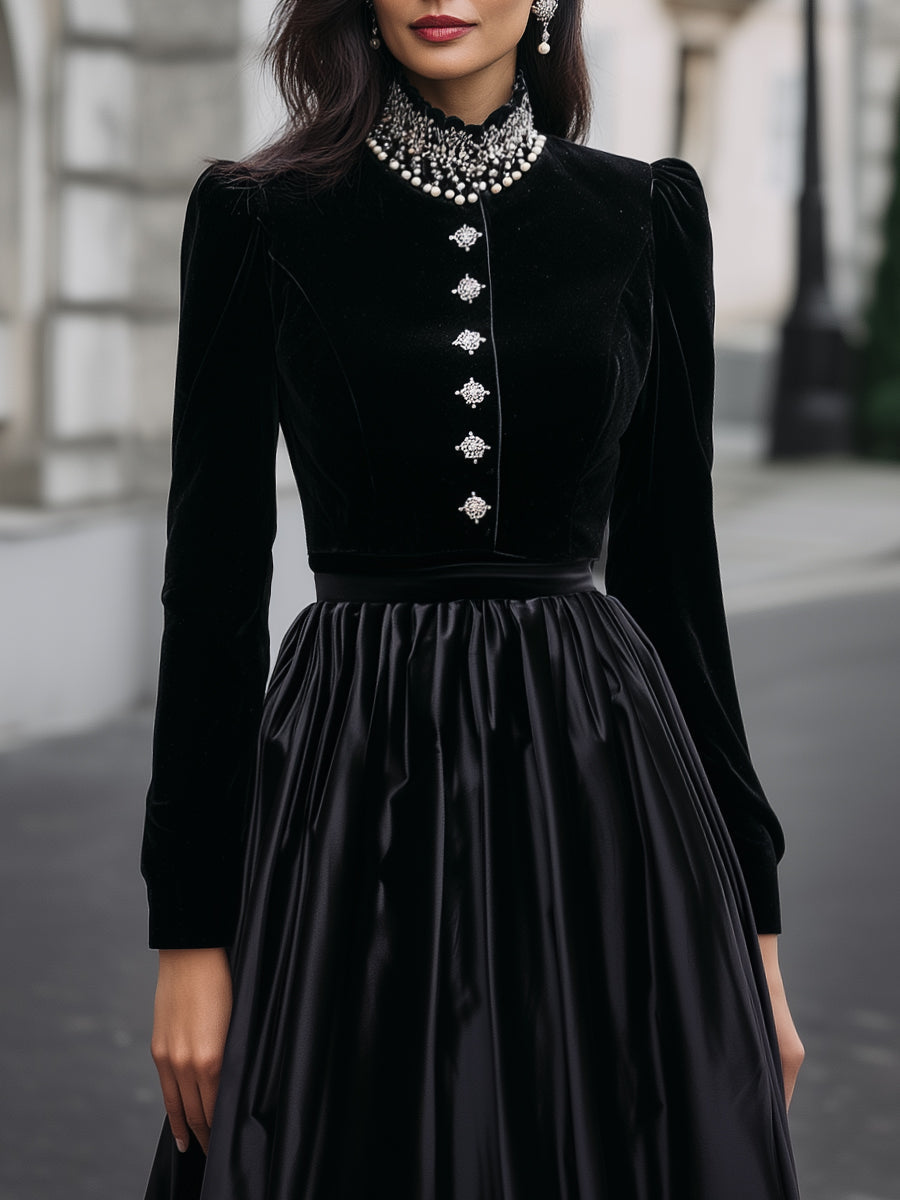 Pearl-Accented Velvet Top & Satin Midi Skirt Two-Piece Set