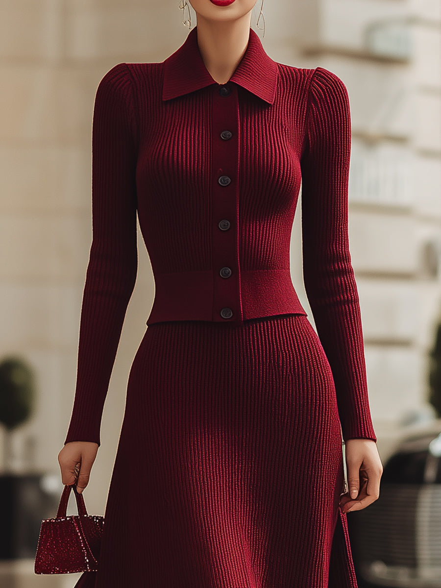 Burgundy Ribbed Knit Midi Skirt Set
